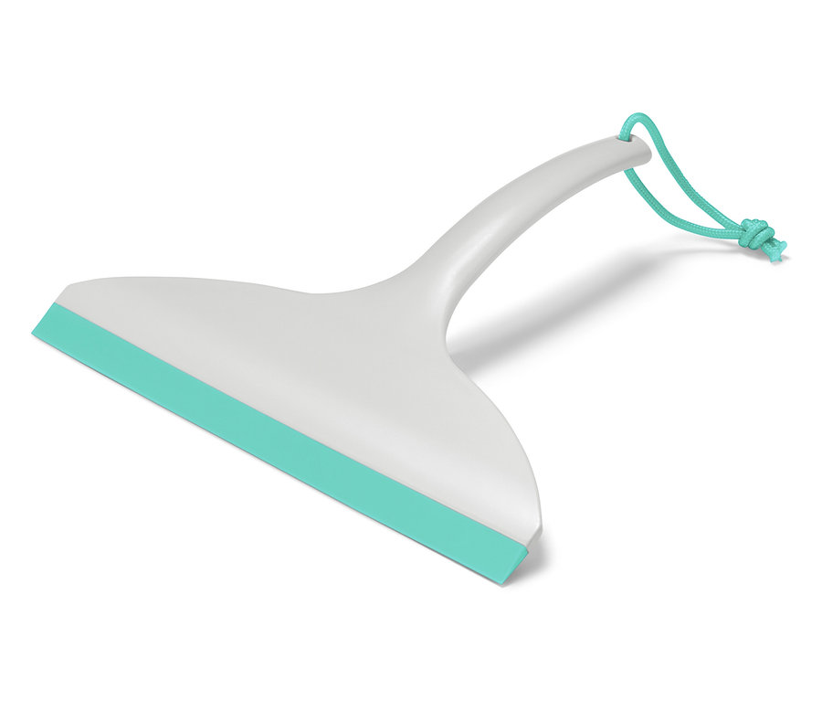 Une raclette blanche avec une lèvre en caoutchouc turquoise et un cordon turquoise sur le manche repose sur un fond blanc.