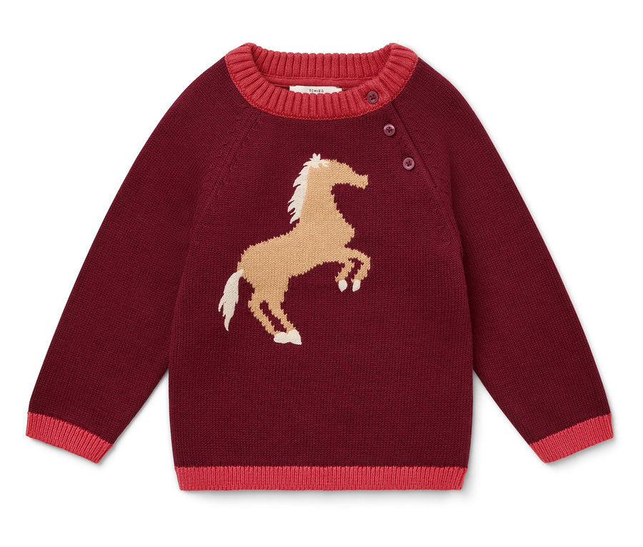 Pull bordeaux avec un cheval marron au centre.