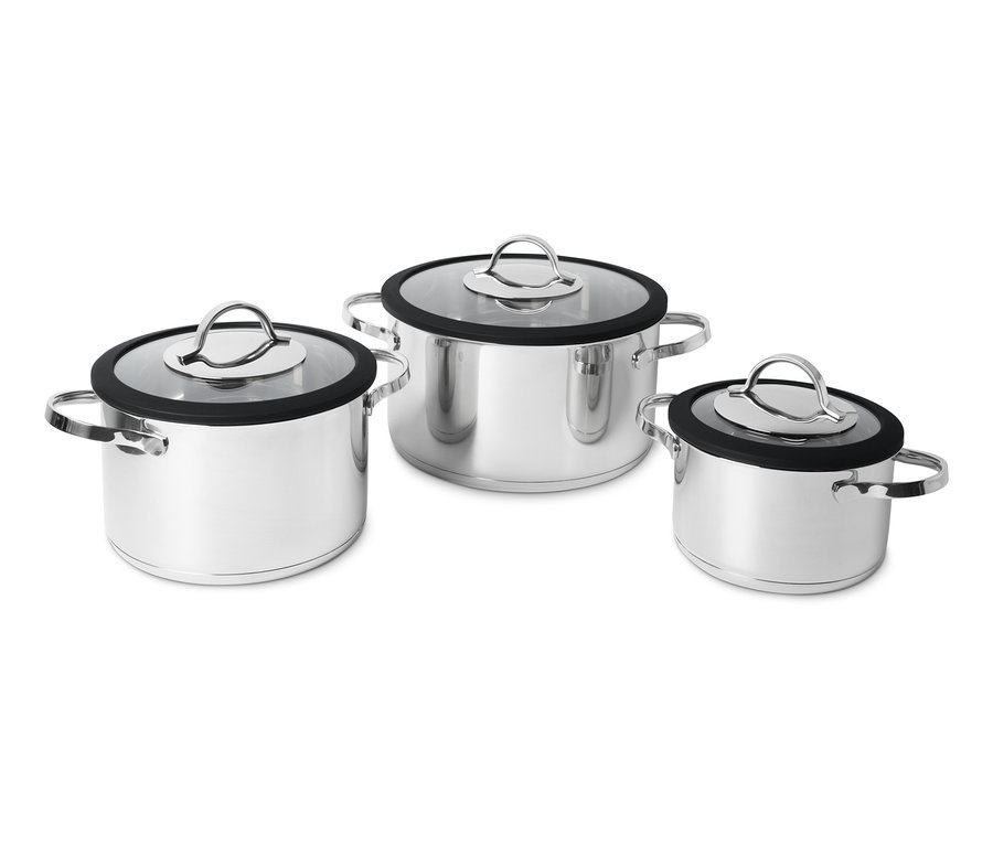 Lot de casseroles en inox avec couvercle en verre.