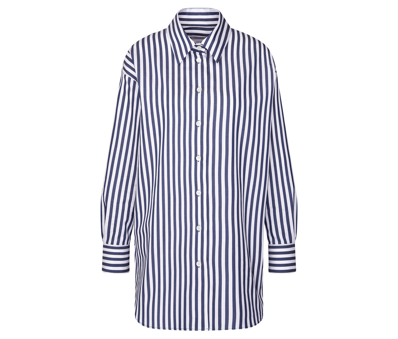 Chemise rayée bleu et blanc à manches longues et boutons.