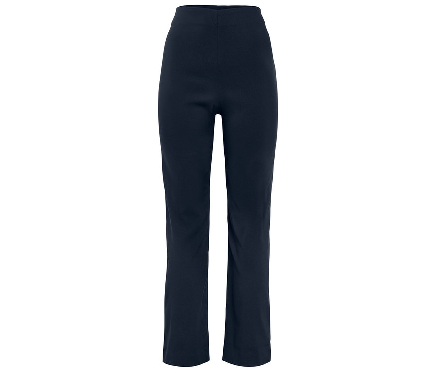 Pantalon bleu marine taille haute avec jambe droite sur fond blanc.