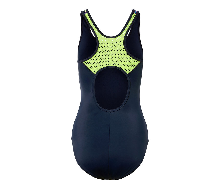 Maillot de bain de sport bleu foncé avec dos en maille vert néon.