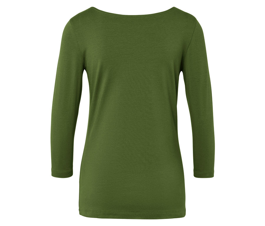 Vue arrière d'un t-shirt olive à manches trois-quarts.