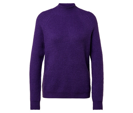 Pull violet à col roulé et manches longues.