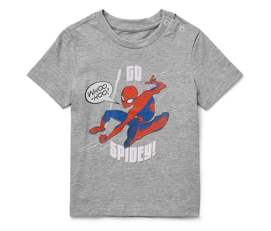 T-shirt gris à manches courtes avec une illustration de Spiderman.