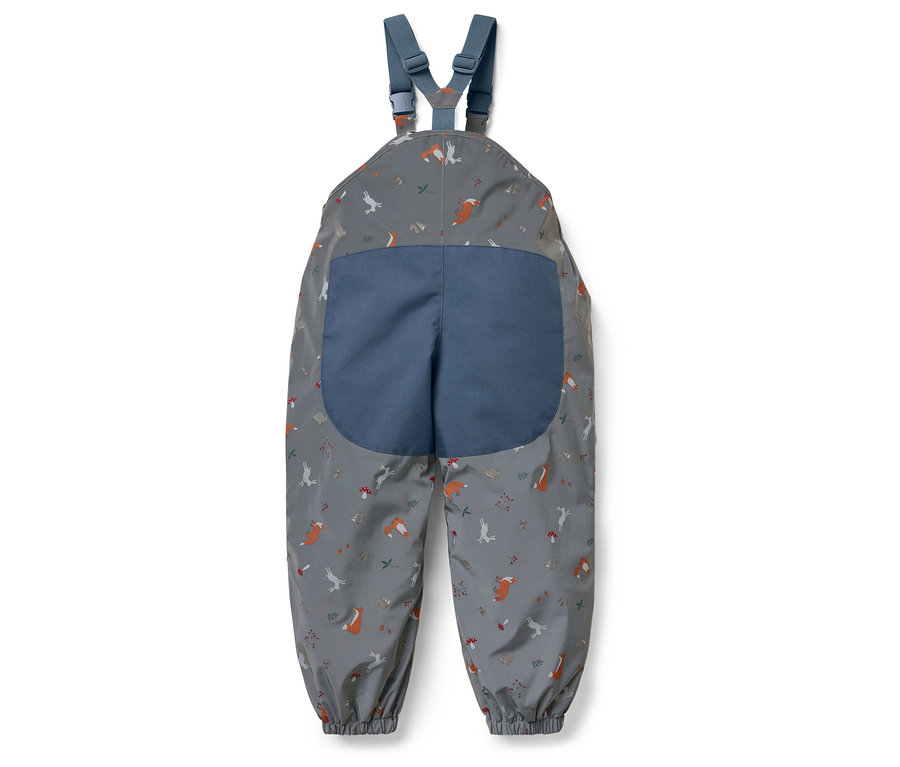 Salopette grise pour enfants avec imprimé renards, oiseaux et champignons.