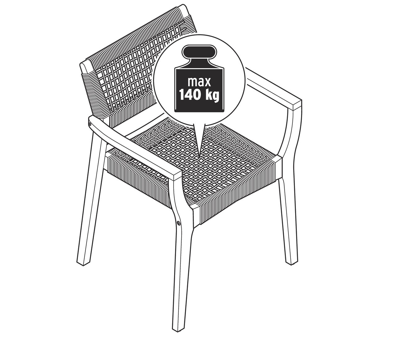 Illustration d'une chaise de salle à manger empilable avec un tissage textile et une capacité de charge maximale de 140 kg.