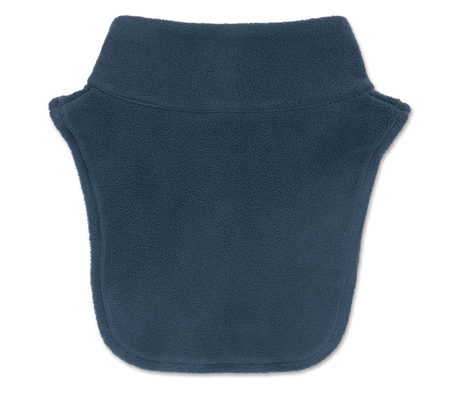 Une cagoule en polaire bleu marine sur fond blanc.