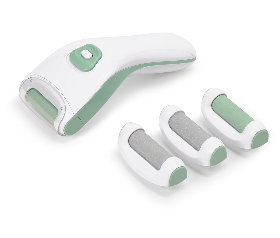 Une râpe électrique blanche et verte avec trois rouleaux supplémentaires.