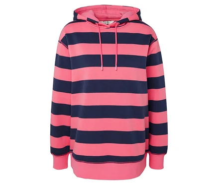Sweat à capuche rayé rose et marine.