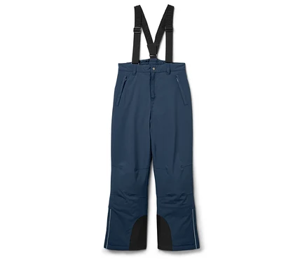 Pantalon de ski bleu avec des renforts noirs en bas des jambes et des bretelles.