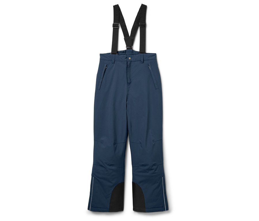 Pantalon de ski bleu avec des renforts noirs en bas des jambes et des bretelles.