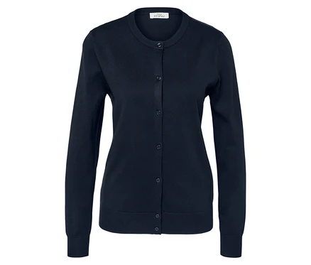 Gilet bleu marine avec encolure ras du cou et boutons.