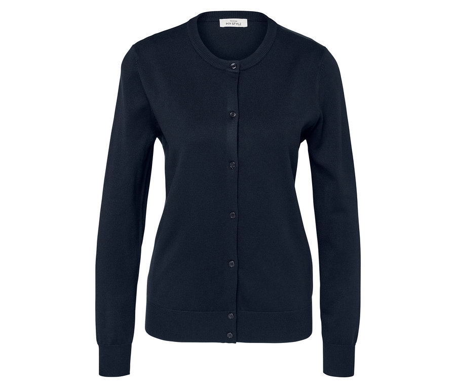 Gilet bleu marine avec encolure ras du cou et boutons.