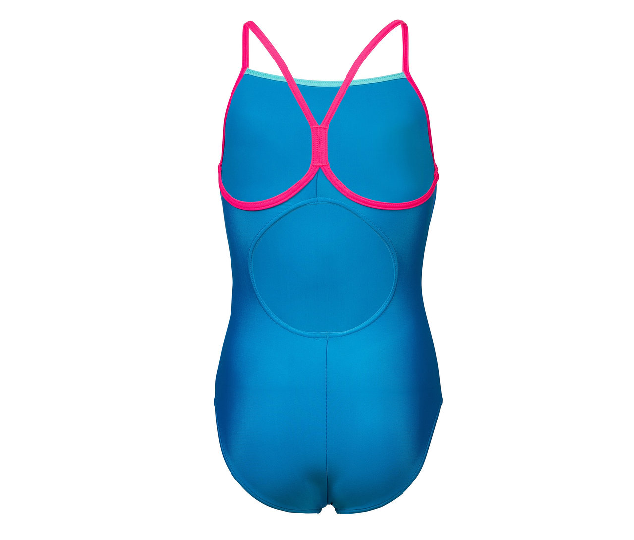 Maillot de bain arena Feel Light Drop Back Solid pour enfant, bleu avec bretelles roses.