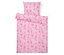 Linge de lit rose avec ballerines et planètes.