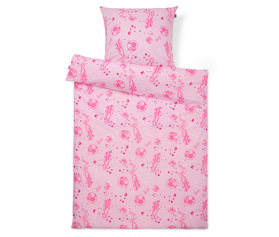 Linge de lit rose avec ballerines et planètes.