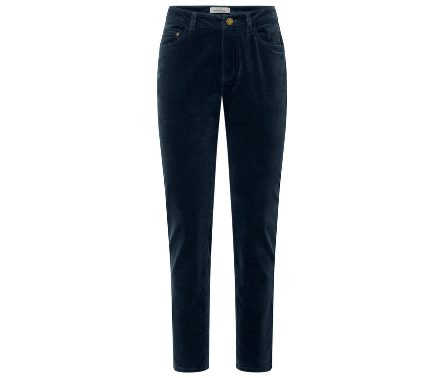 Un pantalon en velours bleu foncé sur un fond blanc.