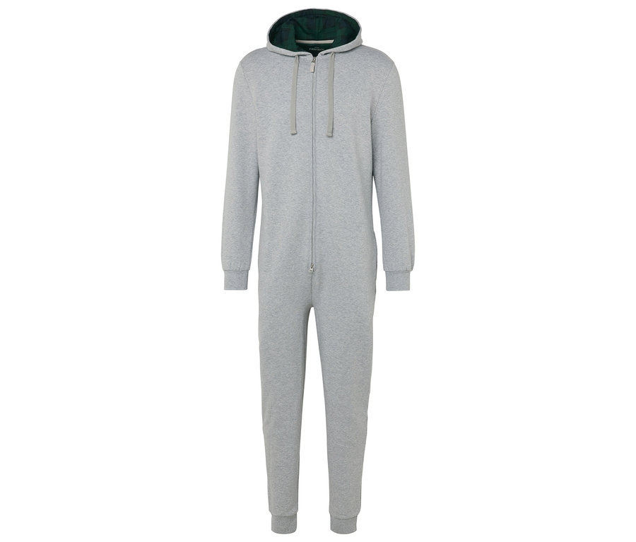 Une combinaison grise avec une capuche et un intérieur de capuche vert.