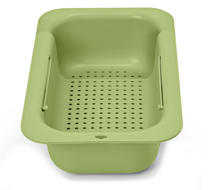 Récipient en plastique vert avec fond perforé et poignées extensibles.