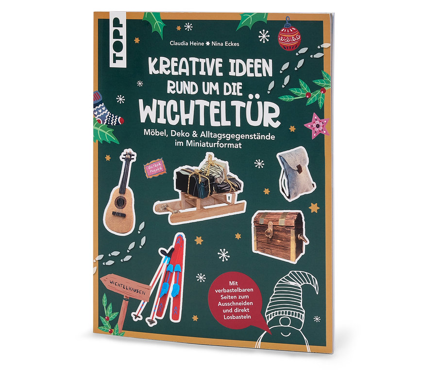 La couverture du livre « Kreative Ideen rund um die Wichteltür » montre des miniatures de meubles et de décorations sur un fond vert.