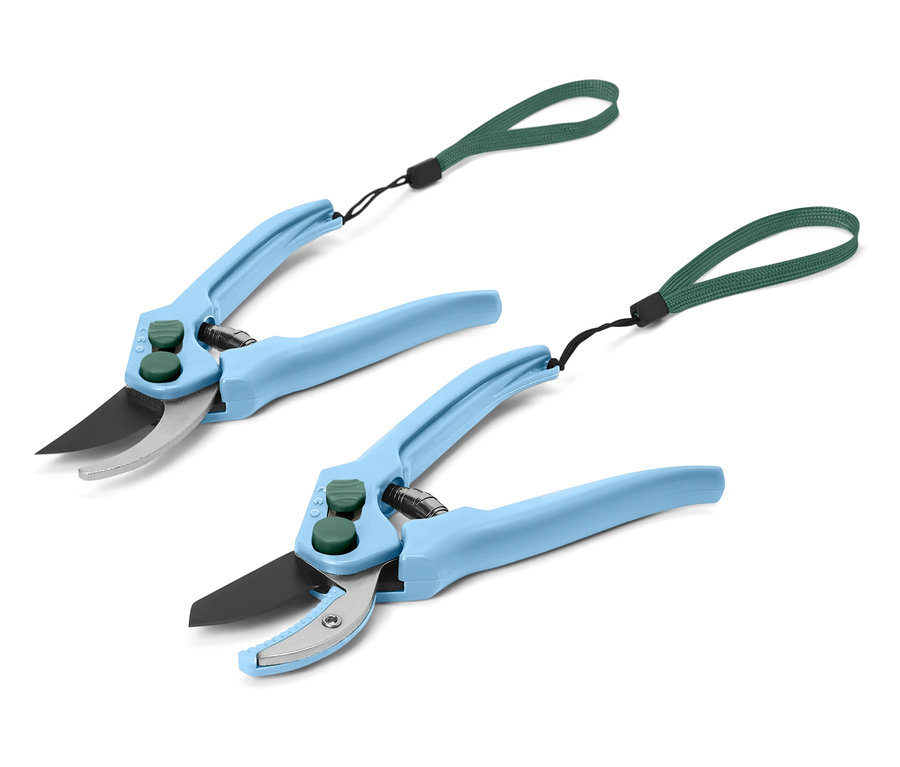 Deux sécateurs avec des poignées bleues et des boucles vertes.
