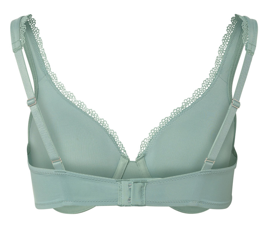 Vue arrière d'un soutien-gorge vert clair avec bordure en dentelle et bretelles réglables.