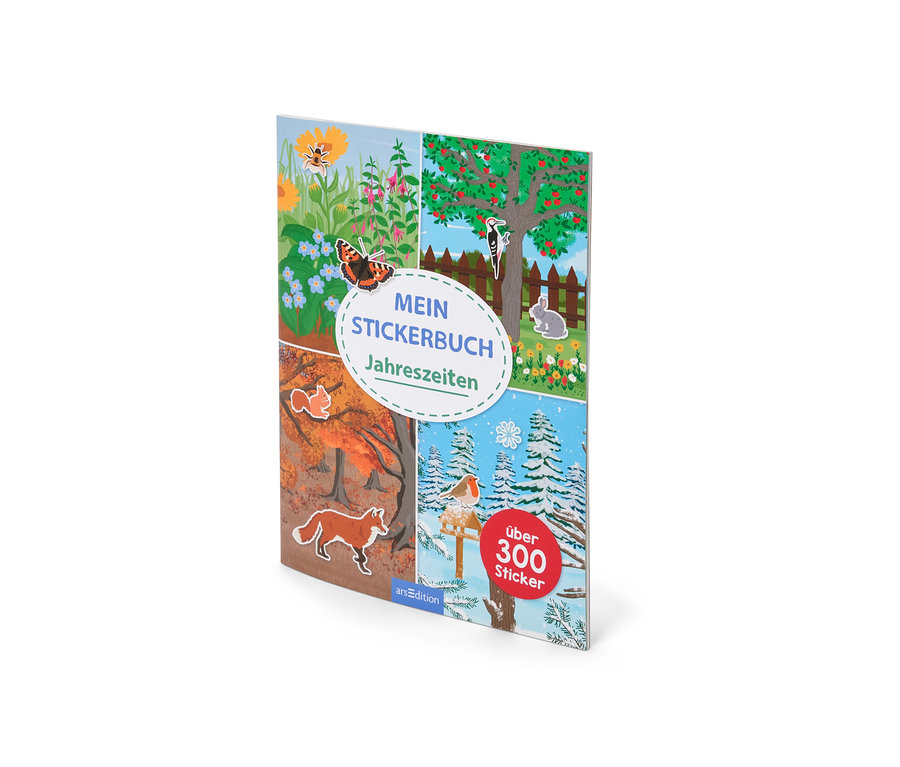 Le livre d'autocollants « Les 4 saisons » montre des illustrations des quatre saisons.