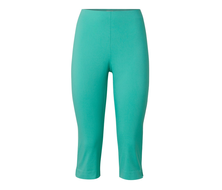 Un pantalon 3/4 stretch turquoise sur fond blanc.