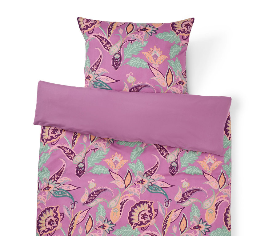 Linge de lit violet à motifs floraux composé d'une taie d'oreiller et d'une housse de couette.