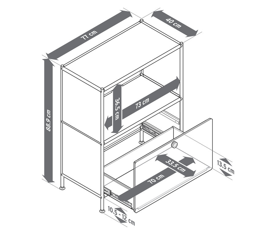 Schéma d'un buffet métallique avec tiroir en vert pistache et gris clair, avec dimensions indiquées en centimètres.