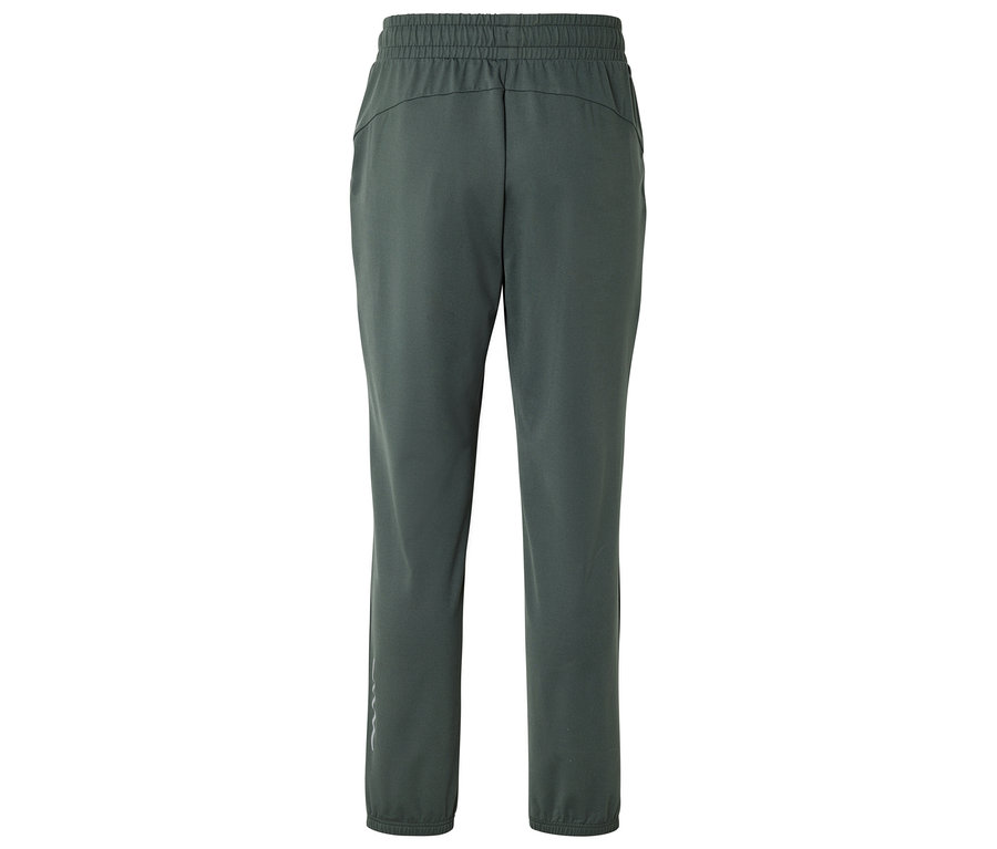 Pantalon de survêtement vert foncé avec taille élastique et jambes droites, photographié de dos.