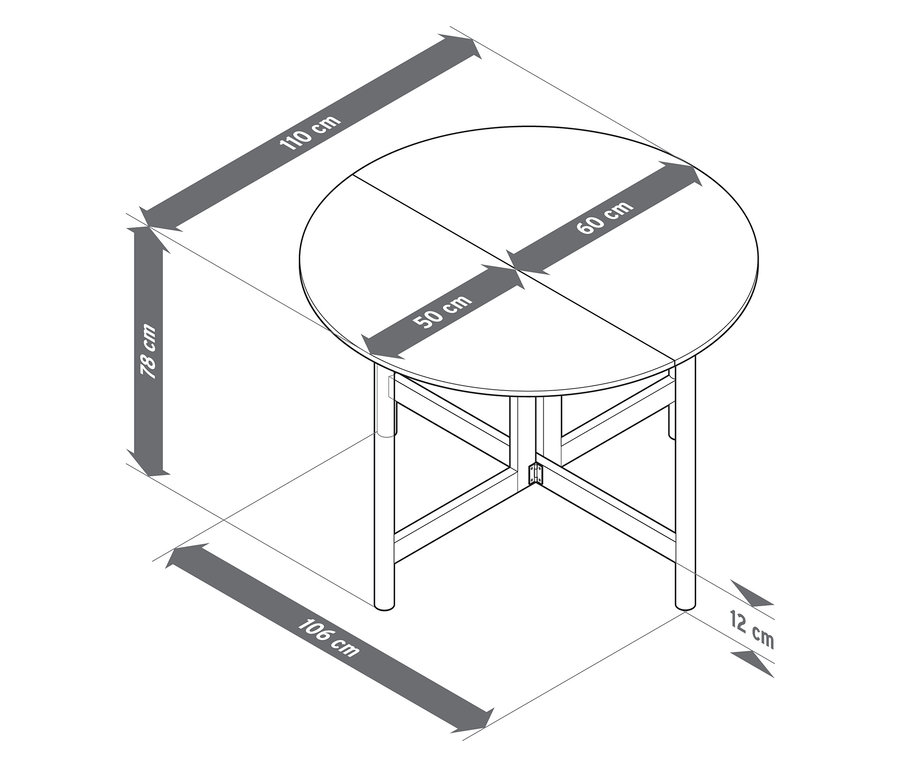 Vue de dessus d'une table ronde avec les dimensions : 110 cm de long, 78 cm de haut, plateau de table 50 x 60 cm, 106 cm de large et 12 cm d'écart.