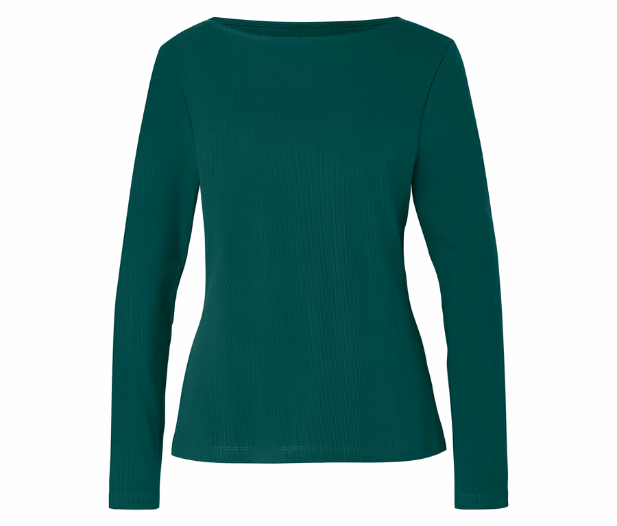 T-shirt côtelé vert à manches longues avec un col bateau.