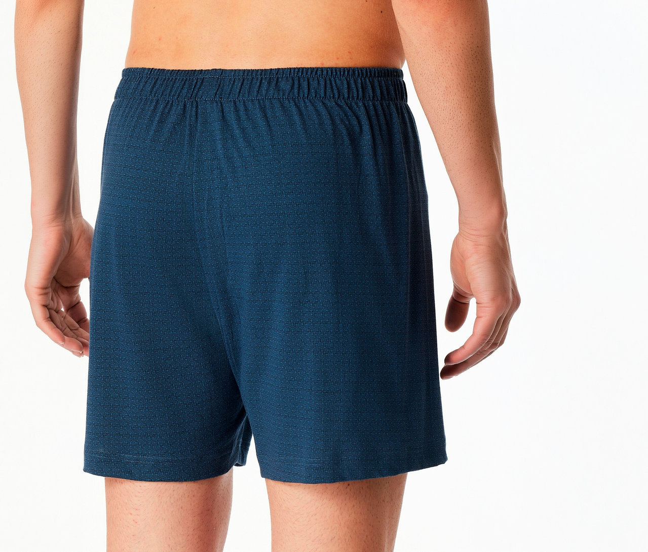 Homme vu de dos portant 2 boxers SCHIESSER bleus.