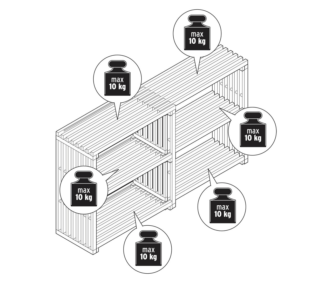 Vue de dessus d'un schéma du sideboard extensible «
bspFLEKSIBEL
bsp» avec indications de poids.