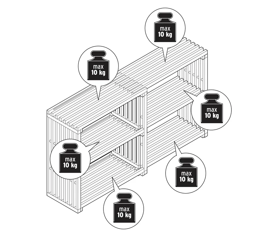 Vue de dessus d'un schéma du sideboard extensible «
bspFLEKSIBEL
bsp» avec indications de poids.