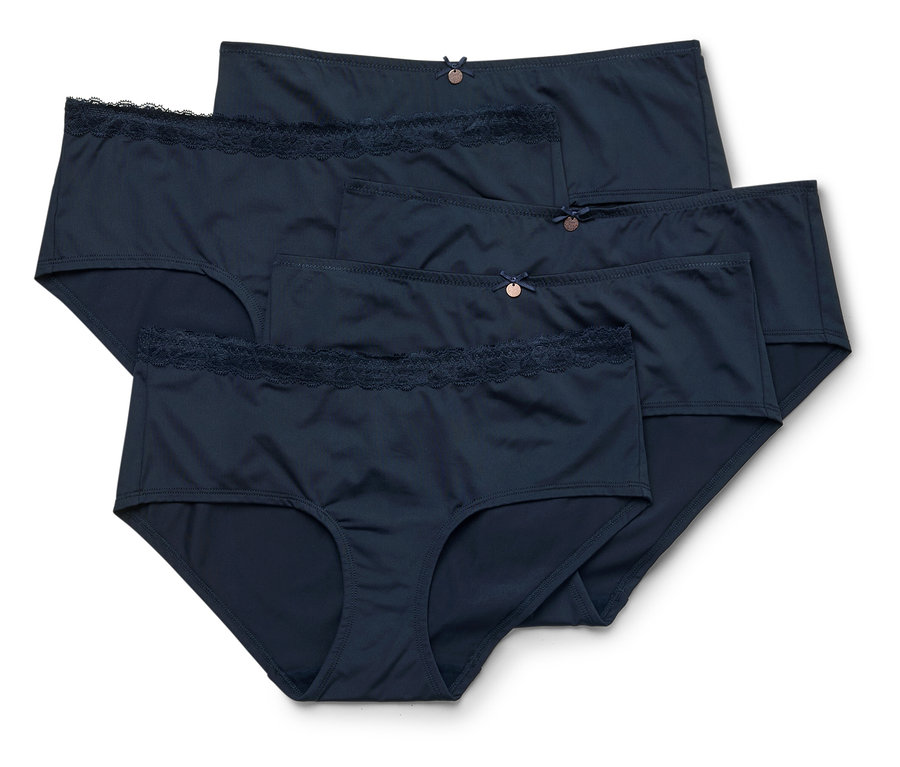 Cinq culottes bleu foncé pour femmes sont disposées les unes sur les autres. Certaines ont une bordure en dentelle.