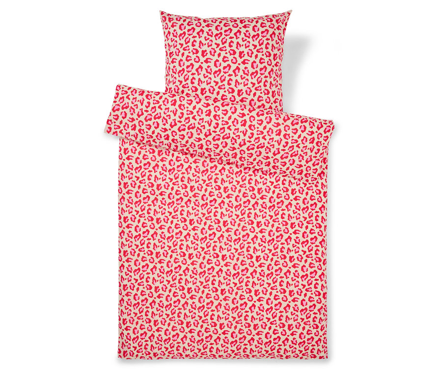 Ensemble de literie à motif léopard dans les tons rouge et rose, comprenant une taie d'oreiller et une housse de couette.