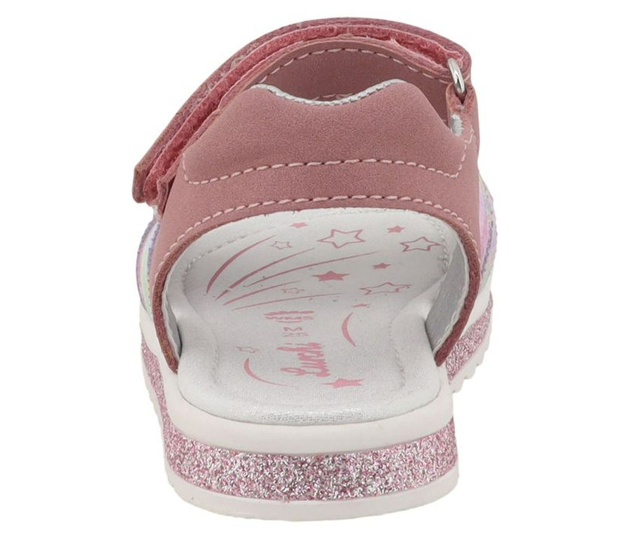 Sandales pour fille LURCHI « Cimbaly 2 » roses avec fermeture velcro, semelle pailletée et motifs étoiles sur la semelle intérieure.