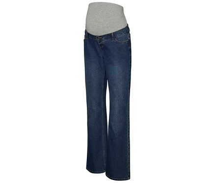 Jean évasé bleu foncé MAMALICIOUS « MLEDINA » avec bandeau de grossesse gris.