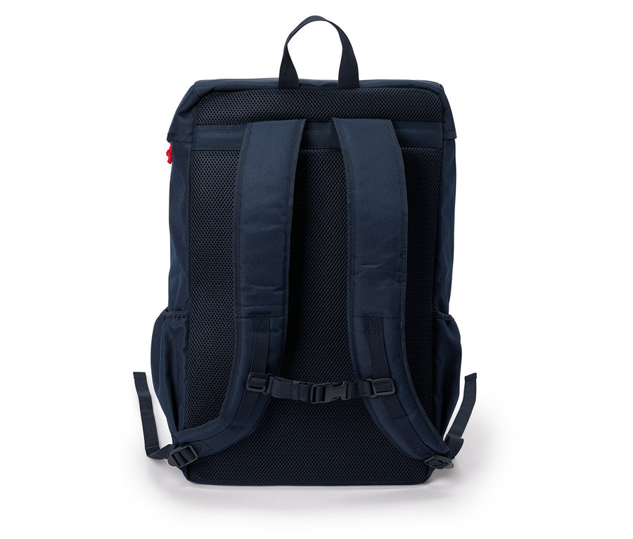 Sac à dos bleu foncé avec bretelles réglables et rembourrage dorsal en mesh.