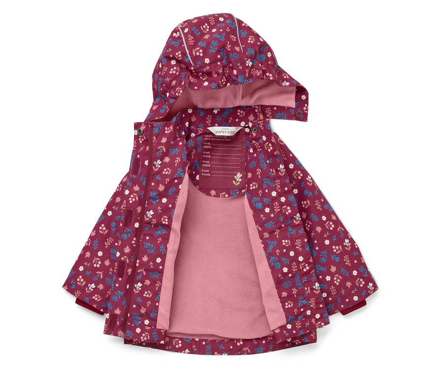 Veste d'enfant ouverte bordeaux à capuche, à motif floral intégral, doublure rose et étiquette nominative.
