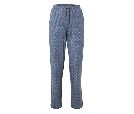 Pantalon long gris avec cordon de serrage et motif géométrique.