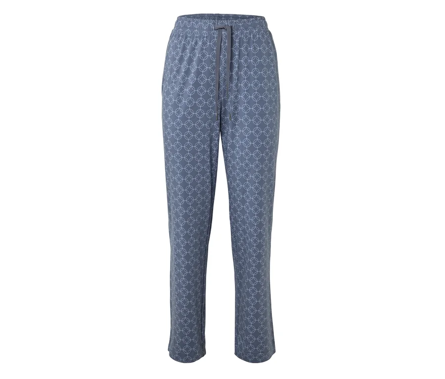 Pantalon long gris avec cordon de serrage et motif géométrique.