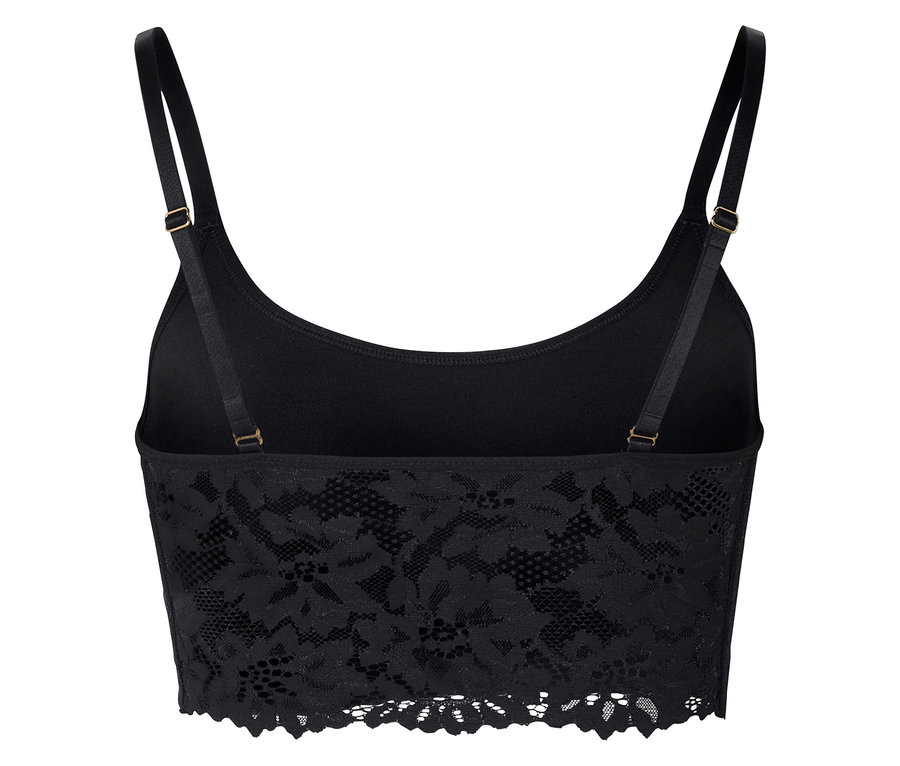 Vue arrière d'un soutien-gorge noir sans bretelles avec dentelle et bretelles réglables.