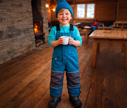 Un jeune garçon souriant portant un bonnet tricoté bleu, un t-shirt à manches longues bleu et une salopette de neige bleue et grise se tient sur un plancher en bois, tenant une tasse blanche. Une cheminée avec un feu est visible à sa gauche, et des tables et bancs en bois sont en arrière-plan.