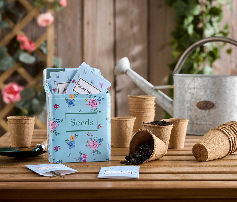 Ensemble de graines de fleurs sur table en bois avec arrosoir en zinc et pots de semis.