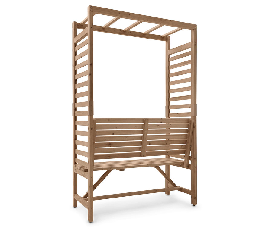 Un meuble de jardin en bois avec un banc sous une pergola se trouve à l'extérieur.