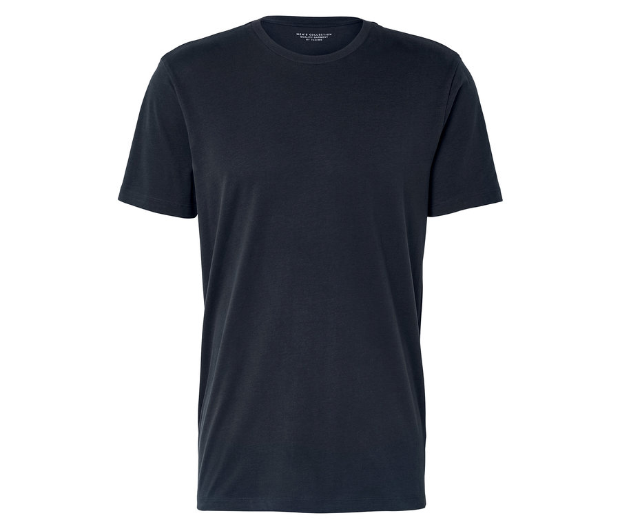 T-shirt bleu foncé à col rond posé à plat.